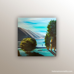 Peinture figurative de l'artiste Helena Monniello qui représente une vue sur le lac d'Annecy.