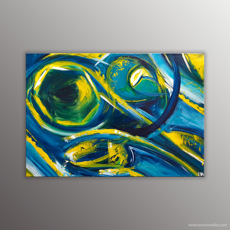 Peinture abstraite dans les tons bleus, jaunes et verts