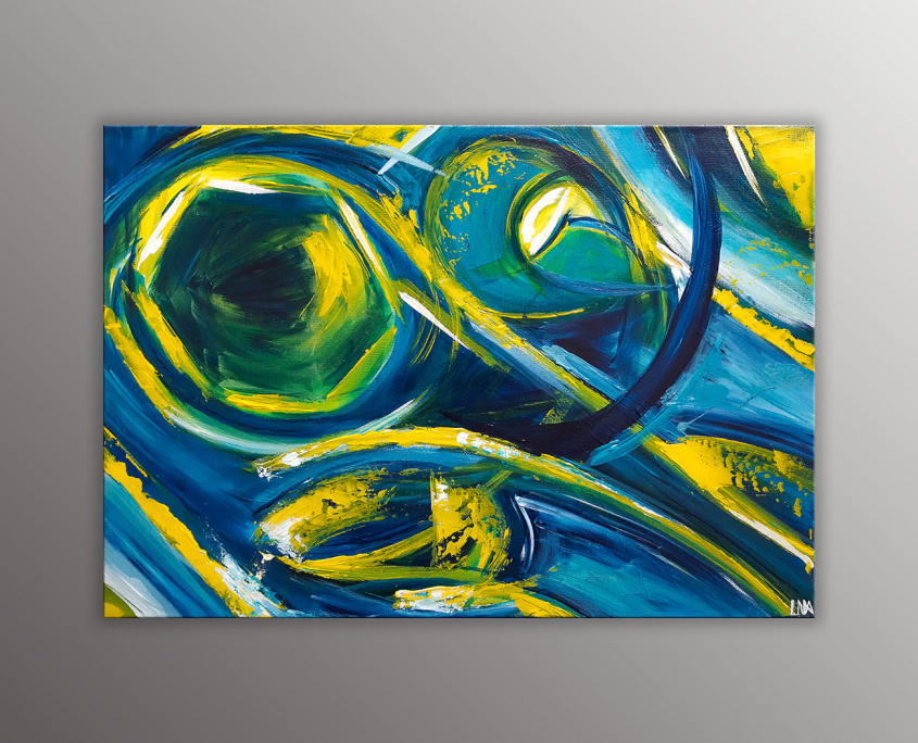 Peinture abstraite dans les tons bleus, jaunes et verts