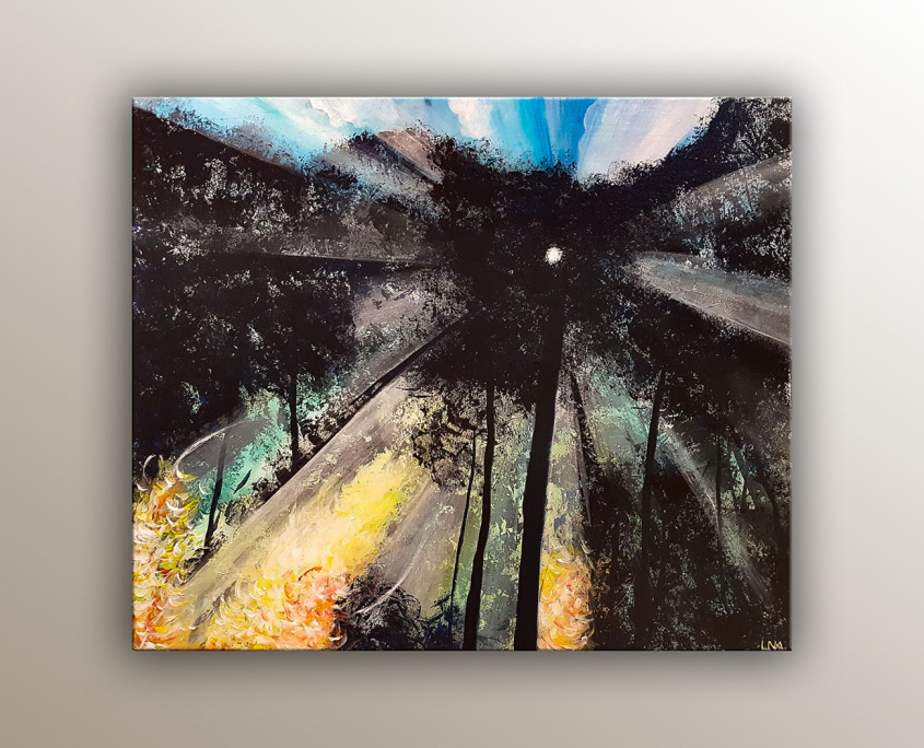 Peinture de l'artiste Helena Monniello qui représente une forêt avec des rayons de soleil.