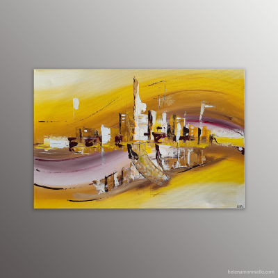 Paysage abstrait de l'artiste Helena Monniello dans des tons de jaune, marron et rose.