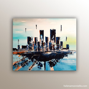 Peinture de l'artiste Helena Monniello qui représente un paysage urbain abstrait en l'air.