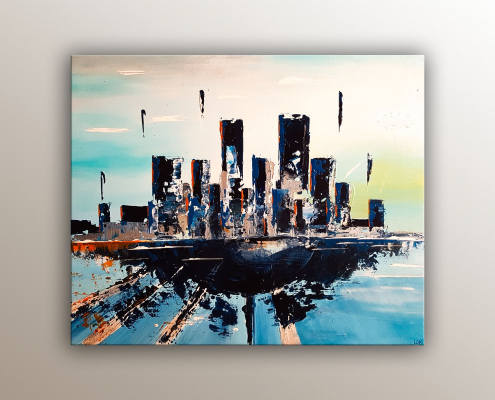 Peinture de l'artiste Helena Monniello qui représente un paysage urbain abstrait en l'air.