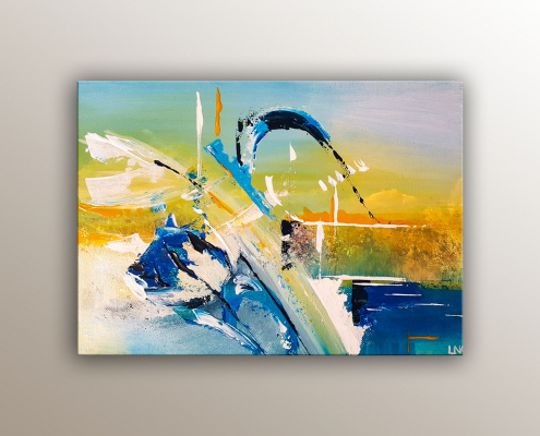 Peinture abstraite de l'artiste Helena Monniello qui représente une vague, tons bleus et jaune principalement.