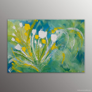 Peinture abstraite de l'artiste Helena Monniello représentant un bouquet de fleurs blanches et jaune.