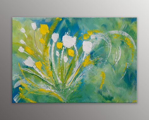 Peinture abstraite de l'artiste Helena Monniello représentant un bouquet de fleurs blanches et jaune.