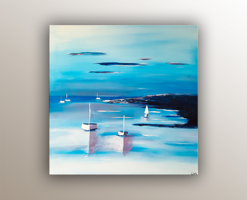 Peinture figurative de l'artiste Helena Monniello qui représente un paysage marin dans des tons de bleu.