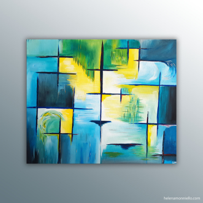Peinture abstraite de l'artiste Helena Monniello assez géométrique dans des tons de vert, bleu, jaune.