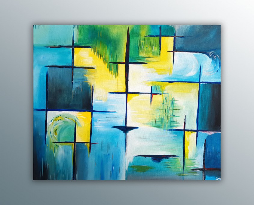 Peinture abstraite de l'artiste Helena Monniello assez géométrique dans des tons de vert, bleu, jaune.