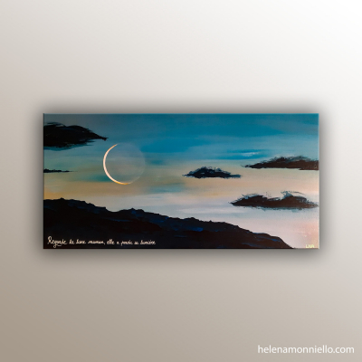 Peinture figurative de l'artiste Helena Monniello qui représente un levé de soleil avec la lune.