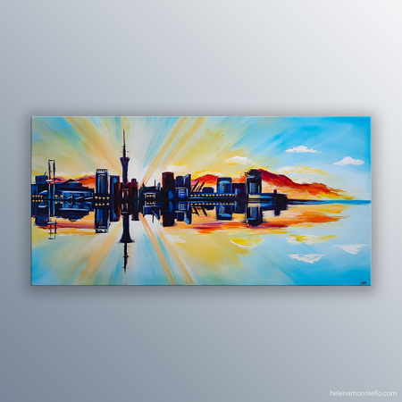 Paysage urbain de l'artiste Helena Monniello dans des tons bleu et orangé avec des reflets dans l'eau.