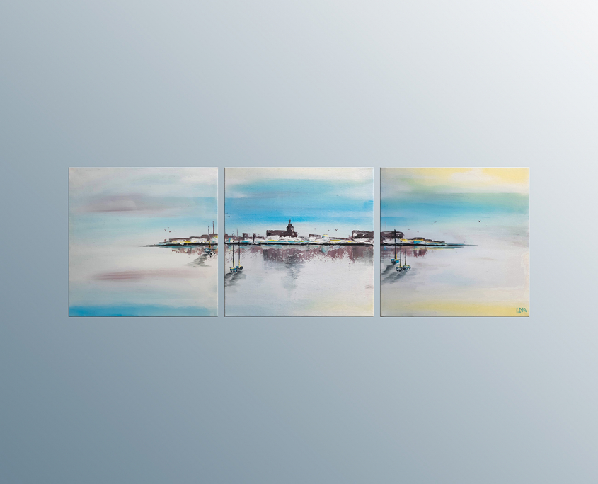 Paysage abstrait de l'artiste Helena Monniello représentant la ville des Saintes Maries de la Mer au matin.