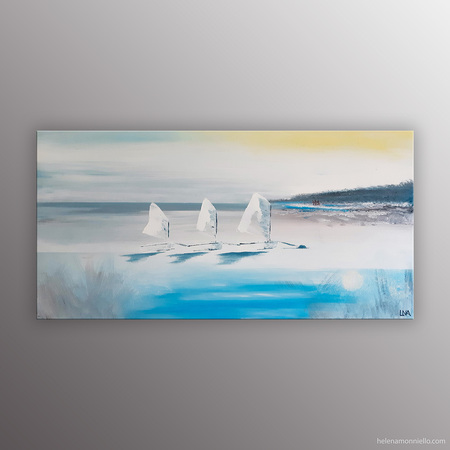 Peinture de l'artiste Helena Monniello représentant un paysage marin avec trois optimistes