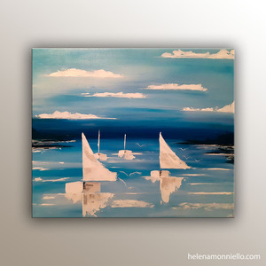 Paysage de l'artiste Helena Monniello représentant des bateaux blancs avec les voiles aux vent.