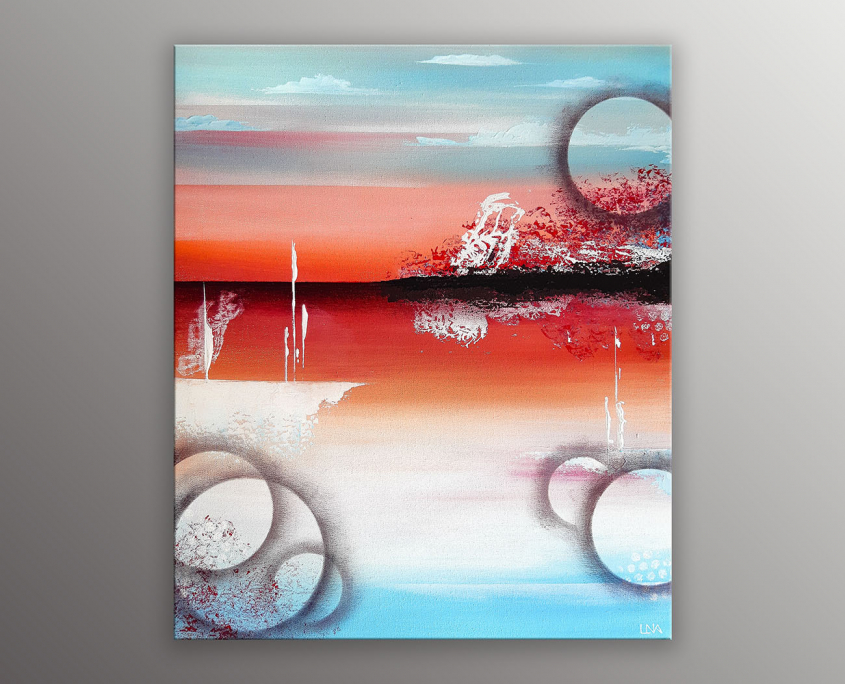 Paysage abstrait de l'artiste Helena Monniello, dans des tons bleus et rouges évoquant la mer