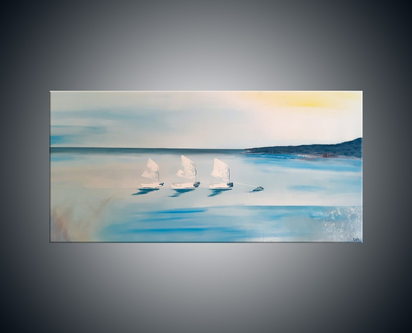 Peinture figurative de l'artiste Helena Monniello représentant des optimistes en mer.