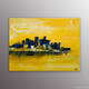 Paysage abstrait de l'artiste Helena Monniello qui réprésente une ville bleue sur fond jaune.