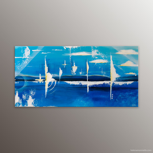 Peinture abstraite marine de l'artiste Helena Monniello dans des tons bleu soutenus et blanc.