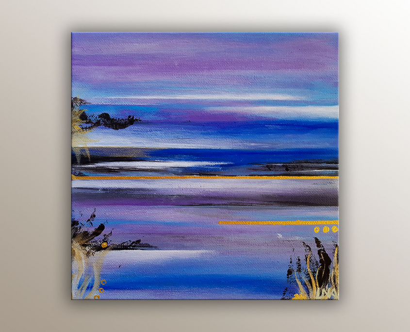 Paysage abstrait de l'artiste Helena Monniello représentant une vue sur la mer, dans des tons de violet et bleus.