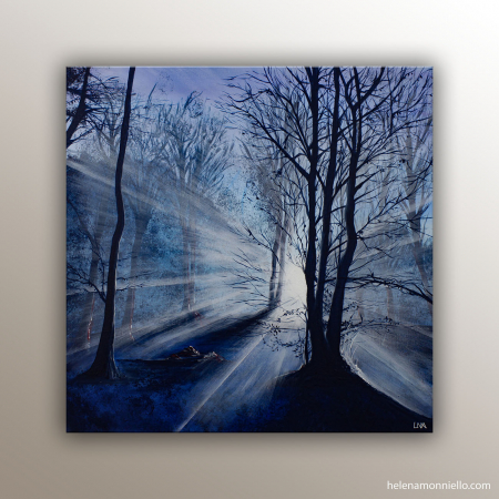 Peinture figurative de l'artiste Helena Monniello représentant un paysage hivernal dans un bois.