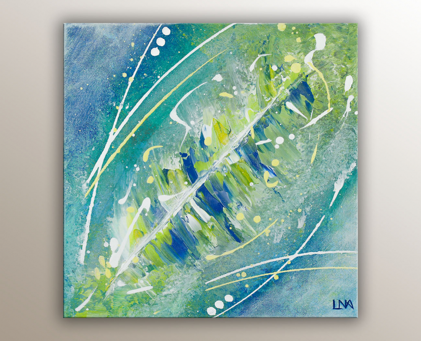 Peinture acrylique abstraite de l'artiste Helena Monniello inspirée des fougères dans des tons de bleu vert.
