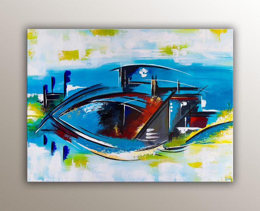 Peinture abstraite de l'artiste Helena Monniello représentant un bateau, un oeil, un poisson selon son imagination.