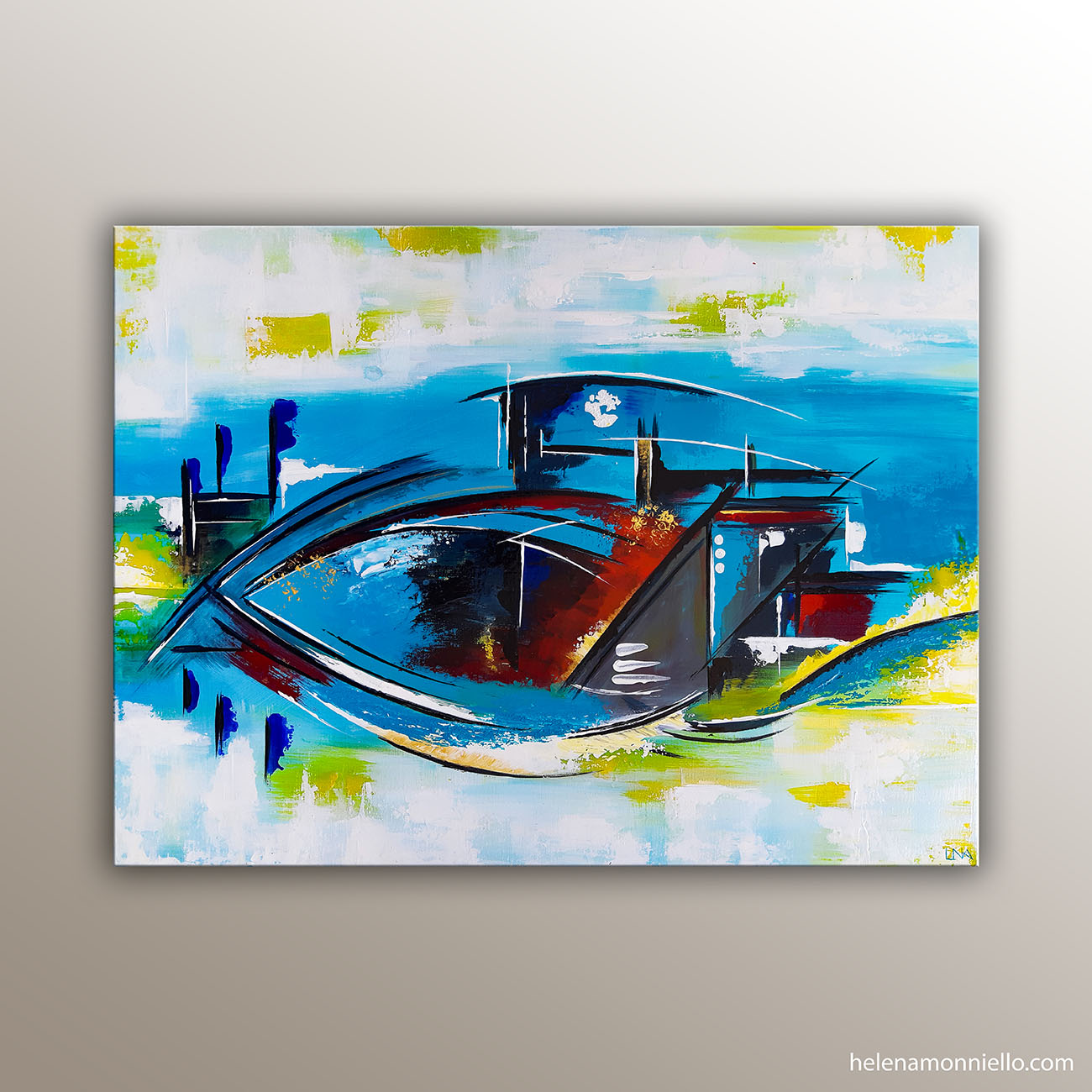 Peinture abstraite de l'artiste Helena Monniello représentant un bateau, un oeil, un poisson selon son imagination.