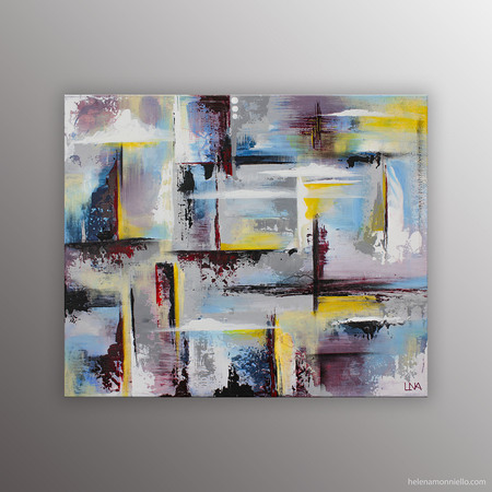 Peinture abstraite de l'artiste Helena Monniello qui évoque une traversée avec ses bateaux abstraits.