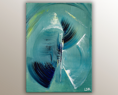 Peinture abstraite de l'artiste Helena Monniello qui représente sa 2eme version du paon. Tons bleus, verts.