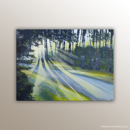 Peinture figurative de l'artiste Helena Monniello représentant un paysage avant la nuit tombante.