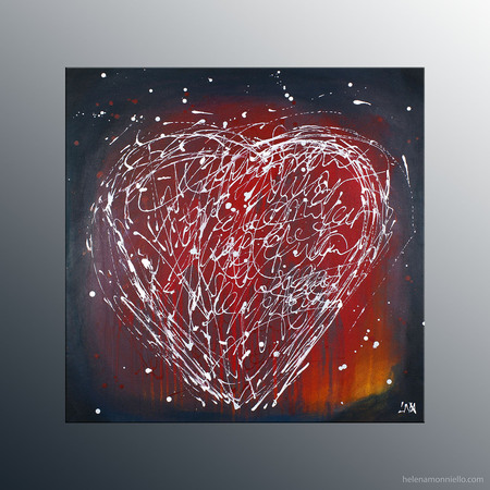 Peinture abstraite de l'artiste Helena Monniello qui représente un coeur d'écriture sur fond rouge.
