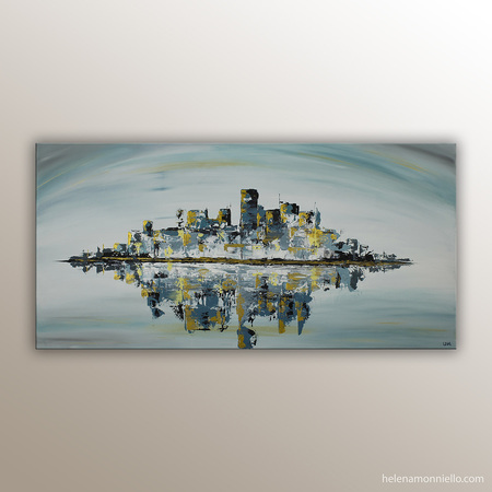 Peinture abstraite de l'artiste Helena Monniello qui représente un paysage urbain dans les tons verts, gris.