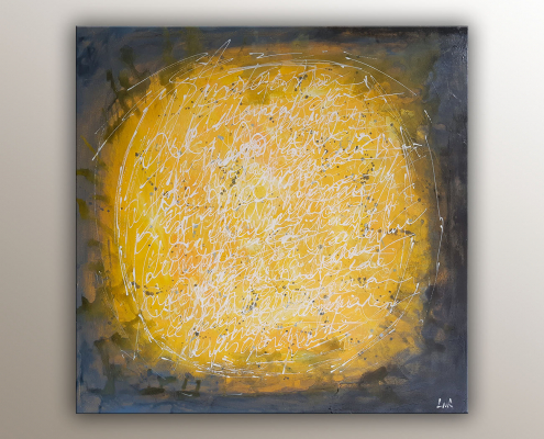 Peinture abstraite de l'artiste Helena Monniello qui évoque le soleil, il y a également de nombreux écrits.