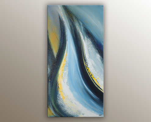 Peinture abstraite ou semi-abstraite de l'artiste Helena Monniello dans les tons de bleu et jaune, représentant une flamme.