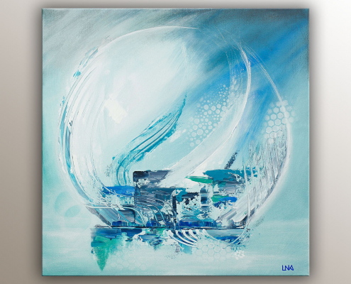 Peinture abstraite de l'artiste Helena Monniello dans les tons bleus et blancs représentant une perle.