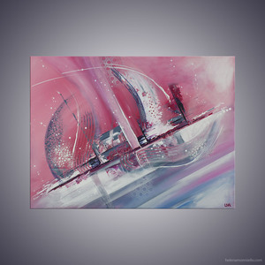 Peinture abstraite de l'artiste Helena Monniello dans des tons de rose qui représente un bateau.