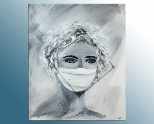 Peinture figurative de l'artiste Helena Monniello, représentant un visage de femme masquée en noir et blanc.