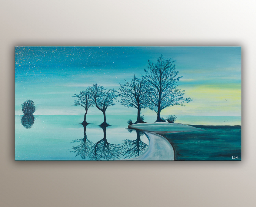 Peinture figurative de l'artiste Helena Monniello représentant un paysage au bord de l'eau dans les tons bleus, verts.