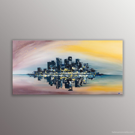 Peinture de l'artiste Helena Monniello représentant un paysage urbain avec reflets dans des tons orangé, marron.