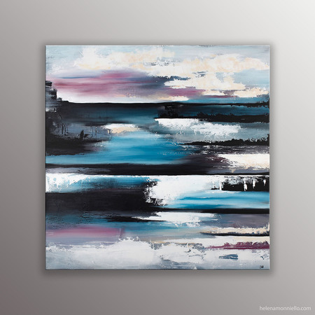 Peinture abstraite de l'artiste Helena Monniello représentant un lac gelé dans les tons de bleu, noir et rose.