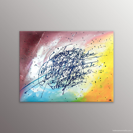 Peinture abstraite de l'artiste Helena Monniello qui représente des écrits avec un fond haut en couleurs.
