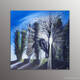 Peinture figurative de l'artiste Helena Monniello représentant un paysage avec beaucoup de lumière à travers des arbres.