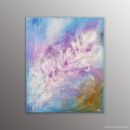 Peinture abstraite de l'artiste Helena Monniello dans les tons mauve et bleu qui évoque le froid.