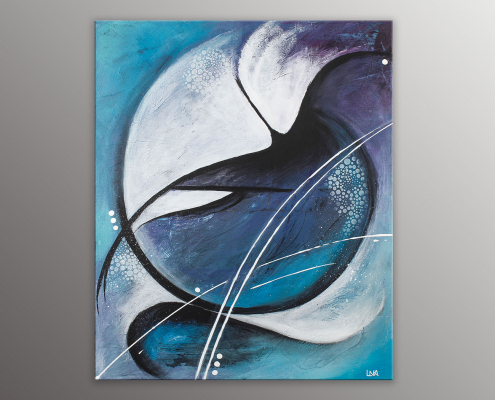 Peinture abstraite dans des tons bleu et violet symbolisant l'explosion d'une goutte d'eau.