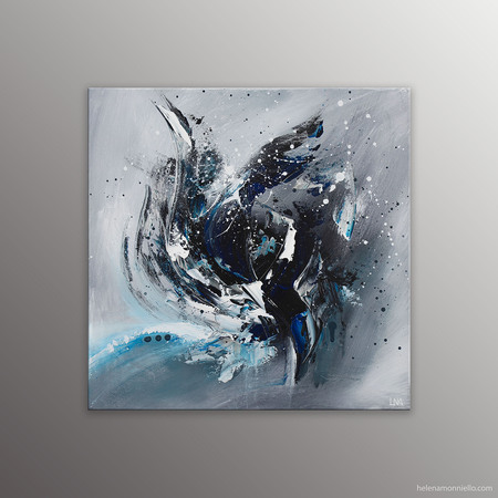 Peinture abstraite de l'artiste Helena Monniello représentant un iris bleu, tons bleu et noir.