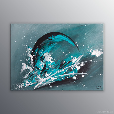 Peinture abstraite turquoise "Mer des pluies" de Helena Monniello inspirée de la lune et des éléments, les volcans, les minéraux, le temps. Dimensions : 33 x 24 cm.