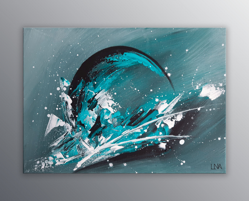 Peinture abstraite turquoise "Mer des pluies" de Helena Monniello inspirée de la lune et des éléments, les volcans, les minéraux, le temps. Dimensions : 33 x 24 cm.