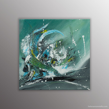 Cette toile est la représentation abstraite de la 3eme vague que nous vivons ; dans des tons de bleu, vert et gris.