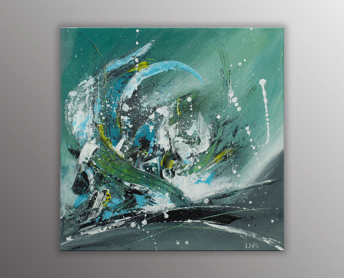 Cette toile est la représentation abstraite de la 3eme vague que nous vivons ; dans des tons de bleu, vert et gris.