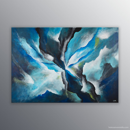 Peinture abstraite de l'artiste Helena Monniello qui représente l'envol d'un papillon, les ailes au vent.